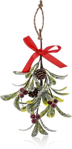 1stk Weihnachts Mistelzweig Dekor, 26 cm Künstliche Mistelzweige Zum Aufhängen, Hängende Mistelverzierung mit roter Schleife, Hängende Mistelverzierung für Baumtür, Weihnachts Hängedekoration