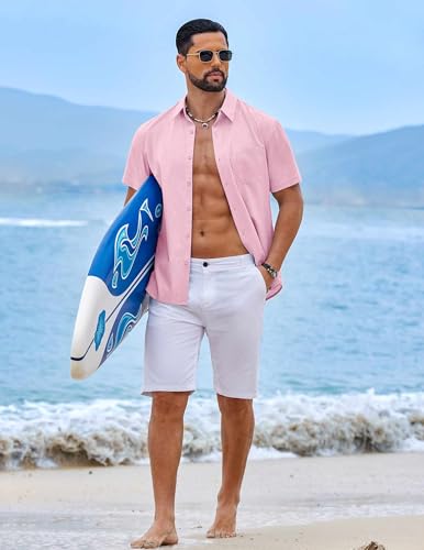 Image of COOFANDY Men's Button Down Short Sleeve Shirt Casual Cotton Summer Beach Wedding Linen Shirts with Pocket