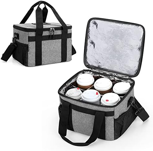 LoDrid Reusable 6 Cups Drink Carrier for Delivery with Bottom Padded Pad, Cup Holder Bag with Removable Dividers, Portable Drink Tote Bag with Shoulder Strap for Take Out, Outdoors, Travel, Gray