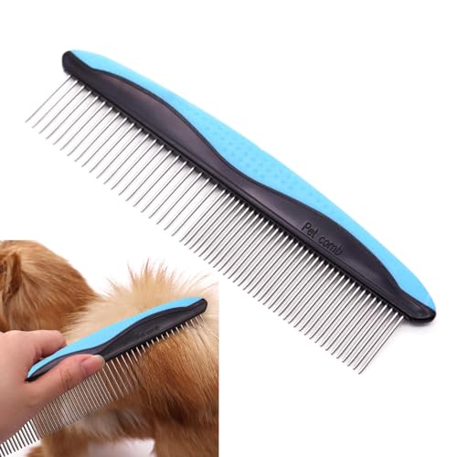 Parthan Dog Comb Cat Comb Dog Combs for Grooming with Stainless Steel Teeth and Rubber Non-Slip Handle for Removing Tangles and Knots of Fur for Large, Medium, Small Dogs and Cats(COLOUR:Blue)
