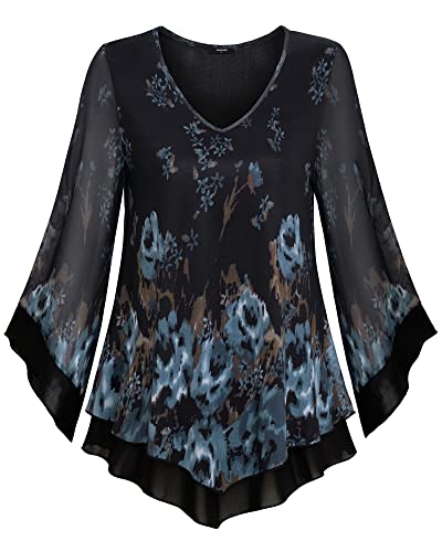 Lotusmile Womens 3/4 Sleeve Tops And Blouses, Double Layer Flattering Tunic Tops For Women Ruffle Loose Blouse Stretchy Sheer Mesh Tops Sexy Elegant Shirt Classy Ladies Work Tops, Floral Blue X-Large #TOP2