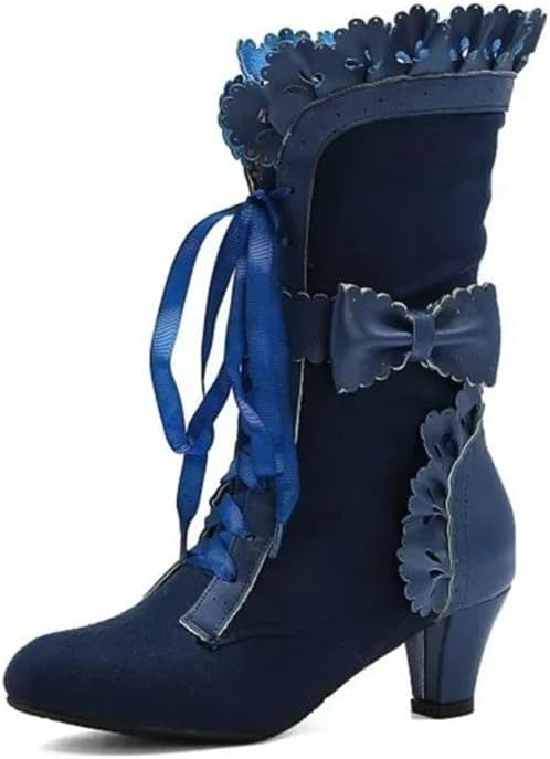 Women Victorian Boots Chunky Heels Lace up Cute Bow Knot Cosplay Costumes Witch Medieval Renaissance Mid-Calf Goth Boots Vintage Gothic Character Dance Kawaii Lolita Shoes
