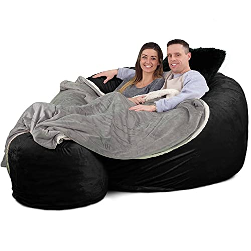 Ultimate Sack Bundle Bean Bag Chair: Includes a Foot Stool, Grey Blanket, & Black Throw Pillow, and Colors. Giant Foam-Filled Furniture - Machine Washable Covers. (Black Fur, 6000)