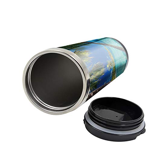 Ambesonne Ocean Travel Mug, Image Of A Tropical Island The Palm Trees And Clear Sea Beach Theme Print, Steel Thermal Cup, 16 Oz, Turquoise Blue #TOP2