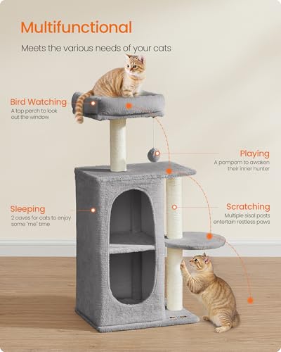 Feandrea Cat Tree Tower with 2 Caves, Scratching Posts, for Multi-Cat Households, Kittens, Light Grey PCT005G01 - Image 4