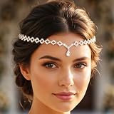 JEAIRTS Rhinestone Bridal Headband Silver Crystal Teardrop Wedding Forehead Headpiece for Brides and Bridesmaids