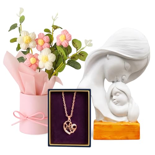 Image of TIED RIBBONS Gift for Mom, Birthday Gift for Mom Mother in Law - (Artificial Crochet Flower Bouquet, Gold Pendant & Mother with Child Statue Love Showpiece) - from Daughter Son