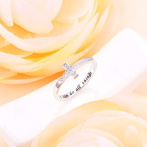 Daochong Inspirational Jewelry Sterling Silver Engraved I Can Do All Things Sideways Cross Ring, Size 10 #TOP3