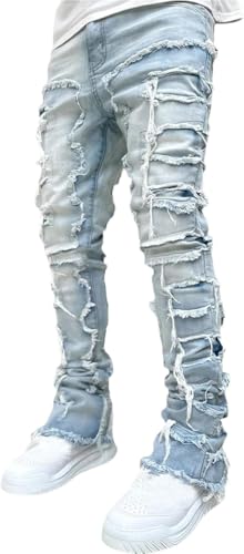 SANSIWU Jeans for Men Stretch Fit Skinny Stacked Ripped Destroyed Jeans Fit Y2K Stacked Patch Jeans Hip Hop Streetwear Straight Trousers - Image 3