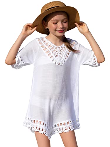Shenhe Girl's Crochet Hollow Out Sheer Swimsuit Cover Ups Short Sleeve Beach Dress White 11-12Y #TOP16