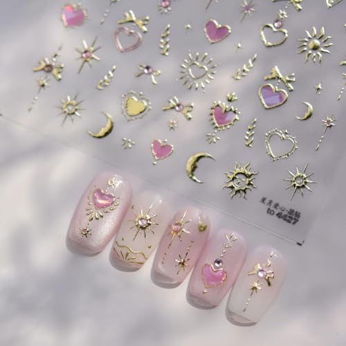 Heart Nail Stickers for Nails Art Silvery Stars Moon Nail Stickers Bow Nail Decals 5D Self-Adhesive Design Nails Supplies for Women Manicure Accessories