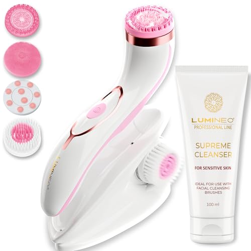Lumineo PRO limpieza facial profunda, cepillo facial con 4 accesorios, USB-C, IPX6 resistente al agua, con gel limpiador a juego para pieles sensibles (rosa)
