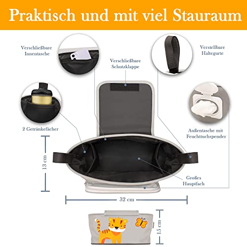 GRINSEZWERGE Kinderwagen Organizer 12 Motive mit Feuchttuchspender I Kinderwagen Tasche verschließbar I Kinder Buggy Organizer I Kinderwagentasche Aufbewahrungstasche Baby Stroller Bag grau Tiger