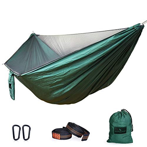 iBasingo 2人用 ハンモック 蚊帳付き 一体型 防虫 超軽量 吊り 耐荷重200kg 丈夫 子供 大人 キャンプ用品 アウトドア 昼寝 BBQ バーベキュー 海 山 室内 コンパクト 収納袋付き グリーン BV1033