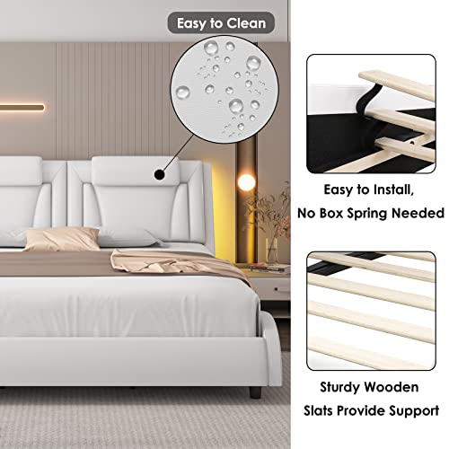 Keyluv Modern Upholstered Bed Frame With Adjustable Led Headboard, Pu Leather Platform Bed With Wave-Like Curve Design And Solid Wooden Slats Support, No Box Spring Needed, Noise Free, King, White #TOP5