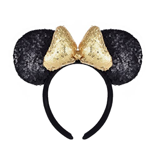 Lucky Summer Handmade Glitter Sequin Mouse Ears Headband Sparkly 3D Bow Black Mice Headwear For Princess Party Costume (Black Golden) #TOP22