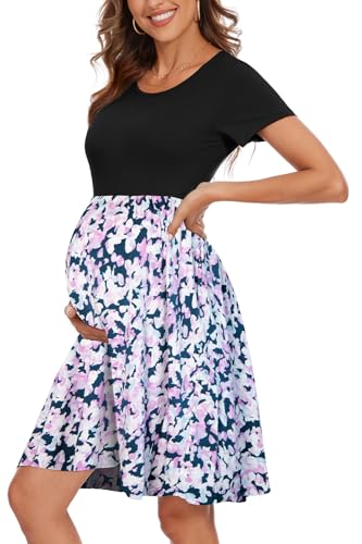Image of WOOXIO Women's Short Sleeve Maternity Dress Patchwork Pregnancy Clothes with Pockets