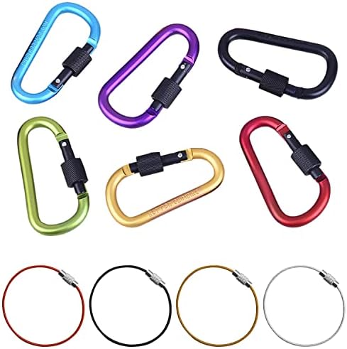 6-Pack Screw Lock Carabiner with 4-Piece Key Ring Buckle, Aluminum D-ring Carabiner, Key Chain Buckle, Knob Lock Carabiner, Outdoor Accessories for Outdoor, Camping, Travel, Hammock