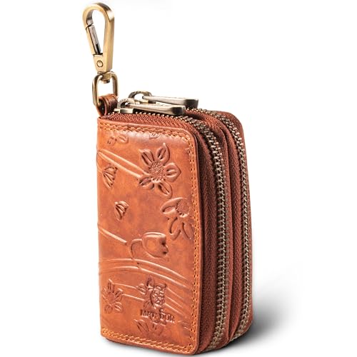 MATADOR - MATADOR Sac pour Clef - Etui à Clé en Cuir Véritable | Porte Clés avec Double Femeture Éclair YKK en Métal et Mousqueton | Mini Pochette Rangement Organiseur Clef avec Boîte Cadeau | Fleurs Marron