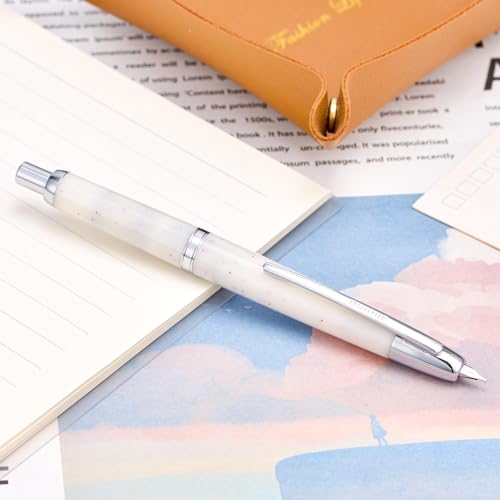 Image of GOLD LEAF Jinhao 20 Press Retractable Fountain Pen - Fine Nib with Converter - Plastic Body & Metal Clip - Multiple Colors - Smooth Writing Pen (No Ink Included) (White Winter Snow(Silver Clip))