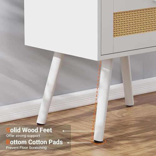 SUPERJARE Nightstand with Charging Station & Rattan-Like Decor Drawer, Rattan End Table with Solid Wood Feet, Bed Side Table with Open Storage, for Bedroom, Living Room, Dormitory - White