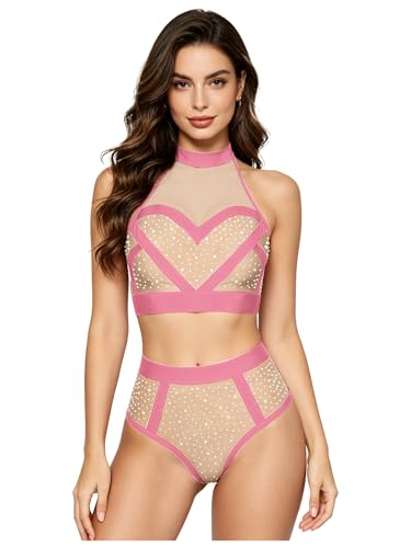Tenue danse gymnastique femme strass brillante et confortable ensemble de sport rose fluo S