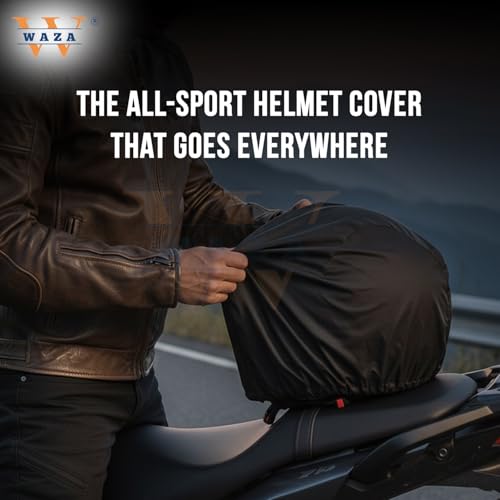 Image of Waza Helmet Cover for Motorcyclists & Cyclists -Waterproof Umbrella Fabric, Dustproof, Universal Fit with Adjustable Strap - Black Helmet Rain Cover