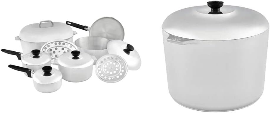 IMUSA USA Heavy Duty 13-Piece Cast Aluminum Cajun Cookware Set, Silver & USA Heavy Duty Cajun Aluminum Stock Pot 14 Quart, Silver