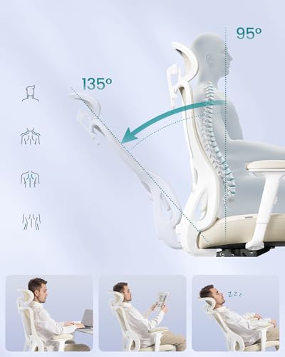 SONGMICS OBN066LF02 Ergonomiczne krzesło biurowe, komputerowe, regulowane podparcie lędźwiowe i zagłówek, nośność 150 kg, regulacja wysokości, beżowo-piaskowy