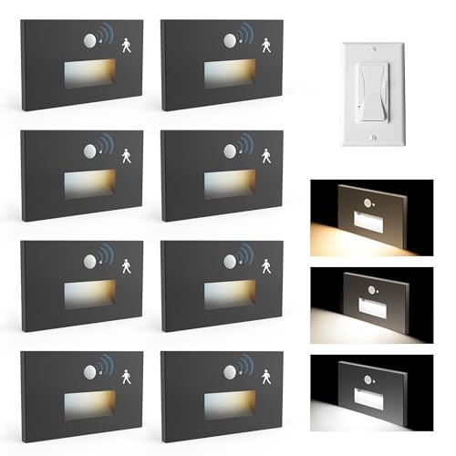 Image of 8 Pack 120V 3CCT Motion Sensor LED Step Lights Indoor Outdoor, Black