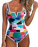 SUUKSESS Women Sexy Tummy Control One Piece Swimsuits Color Block High Cut V Wired Bathing Suits Backless Swimwear 2025(Rainbow Color Block,Large)