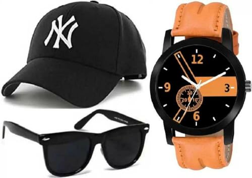 Image of GFMN1290 Analog Black Dial Brown Strap Watch with Sunglass and Cap for Boys (Combo of 3)