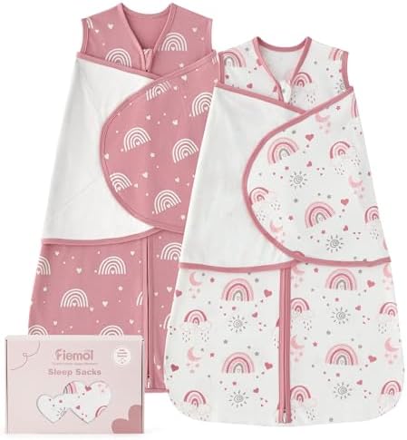 FIEMOL Baby Swaddle Sleep Sack 3-6 Months, Cotton Swaddles for Newborns Girls, 2-Way Zipper Transitional Infant Wearable Swaddling Blanket with Quiet Closure, 0.5 TOG 2 Pack Soft Pink Rainbow
