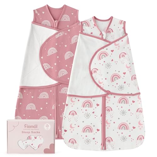 Image of FIEMOL Baby Swaddle Sleep Sack 0-3 Months, Swaddles for Newborns Girl, 3-Way Adjustable Infant Swaddle Wearable Blanket with Zipper & Detachable Wrap, 2 Pack Soft Snug Pink Rainbow