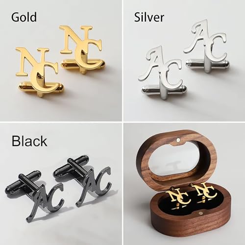 Custom Name Initial Cufflinks for Men,Gold Plated Monogram Cuff Links with Wood Box,Perfect for Wedding,Groomsmen, Best Man Gift4