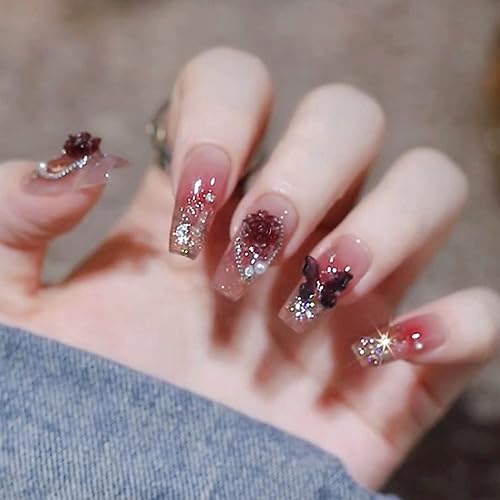 Hkanlre Bling Coffin Press on Nails Fake Nails Tips Full Cover Medium False Gradient Nails for Women and Girls 24PCS (Red Coffin) - Image 4
