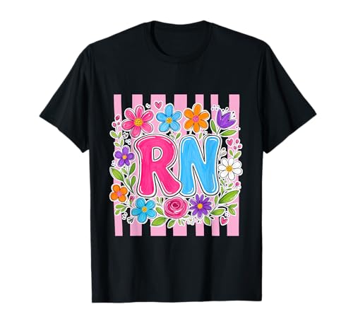 RN Registered Nurse Striped Floral Nursing Students Women T-Shirt