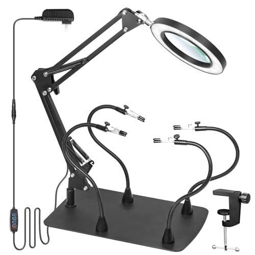 NUEYiO 10X Magnifying Glass with Light and Stand, 12 * 8'' Large Base & Clamp, 3 Color Modes Stepless Dimming Magnifying Lamp, 4 Magnetic Helping Hands Magnifier with Light for Soldering Hobby Crafts