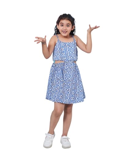 Pspeaches Girl's Graphic Printed Sleeveless Cut Out Fit Blue Flare Dress (10-11Years)