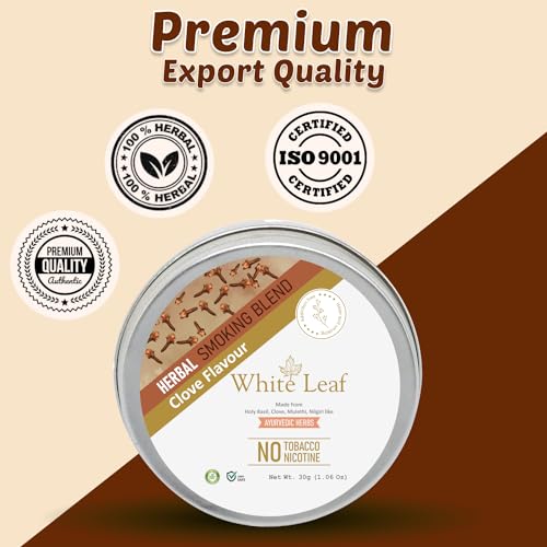 Image of White Leaf Herbal Smoking Blend 100% Tobacco Free & Nicotine Free(30g) Ayurvedic & Organic Herb Mix For Smoking | Herbal Smokes Clove Blend Herbs Mix