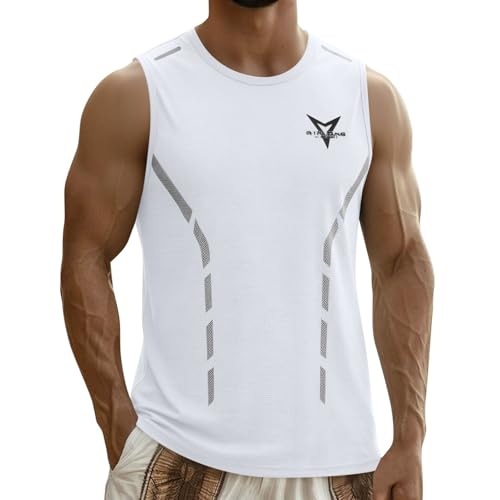 Men's T-Shirt Sleeveless Tshirt Men UK Oversized Quick Dry Tee Tops Breathable Sport Fitness Crew Neck Workout Tee Shirt Summer Muscle Fit Gym Running Outfits Active Wear Clothes White 5XL