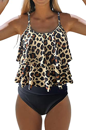 Beachsissi Tankini Badeanzug Stripe Print High Waisted Tummy Control 2-Teiler Badeanzug (XL, Leopard) Cover