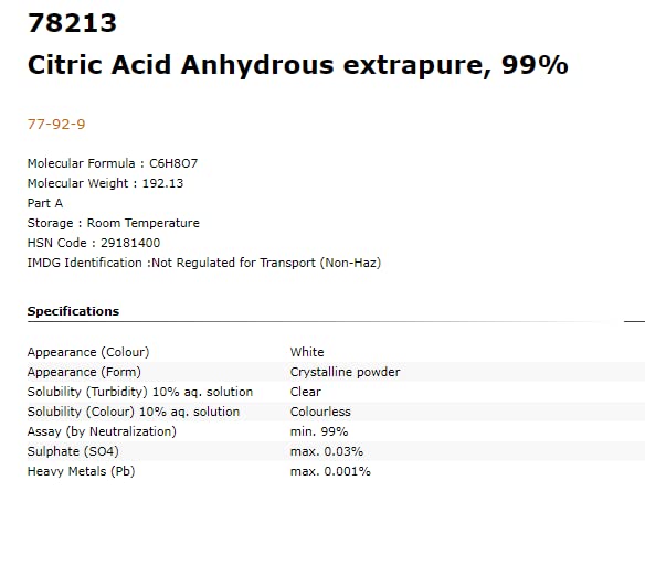 SRL Citric Acid Anhydrous extrapure, 99% 500gm (Lab and industrial grade), CAS NO 77-92-9, Molecular Formula : C6H8O7, Storage : Room Temperature, Shelf Life- 5years