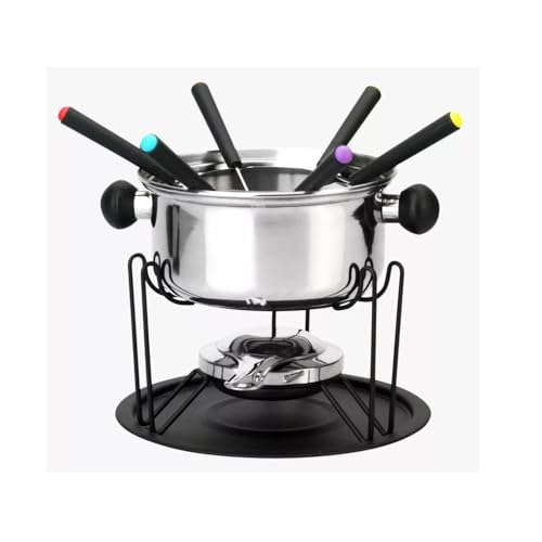 Kit Fondue 11 Peças, Panela em Inox 22cm com Base Giratória, 6 Garfos Coloridos, Suporte e Queimador