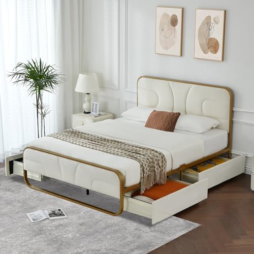 Queen Size Rounded Metal Upholstered Bed with , Velvet Platform Storage Bedframe with Headboard, Wooden Slats Support, No Box Spring Needed, Cream
