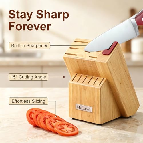 Image of McCook Knife Sets, High Carbon Stainless Steel Kitchen Knife Block Sets with Built-in Sharpener, 15 Piece, Forged Triple Rivet,Full Tang, Elegant Red & Stylish Wooden Block for Modern Culinary