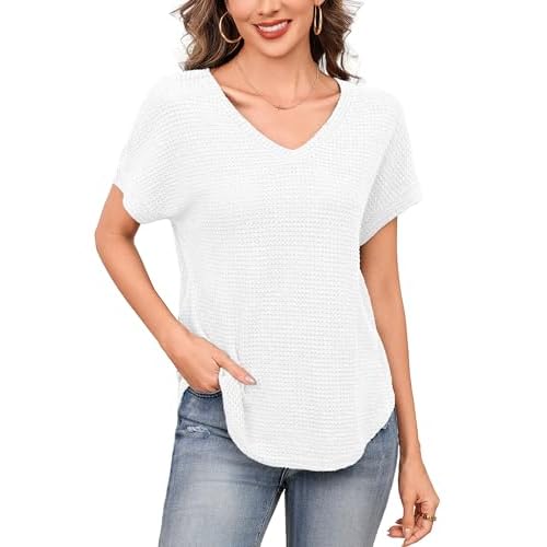 Totatuit Women V Neck Waffle T Shirts Summer Rolled Short Sleeve Shirts Loose Knit Tunic Tops Cozy Basic Blouses White Small