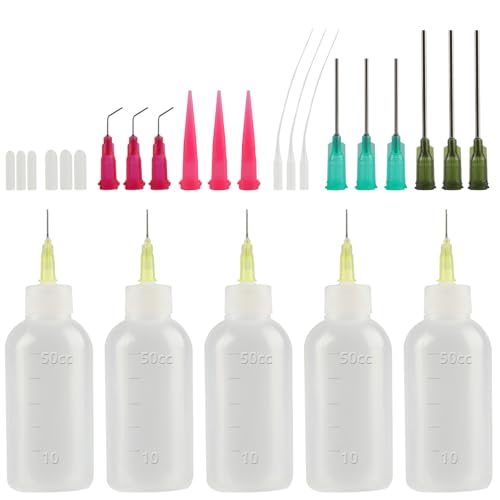 5 Pcs Applicateur de Bouteille Aiguille, Flacon Applicateurs à Pointe d'aiguille, Flacons Aiguilles avec 17 Aiguille de Distribution et Capuchons pour Colle...