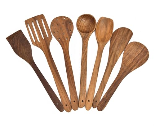 Image of Sanjeev Kapoor by OGGN Pure Handmade Mango Wood Spoon Spatula Set of 7, Natural Wooden Spoons & Spatulas Combo, Non-Sticky Ladles,Turner, Spoon for Flipping /Frying /Serving Food (Pack of 7)