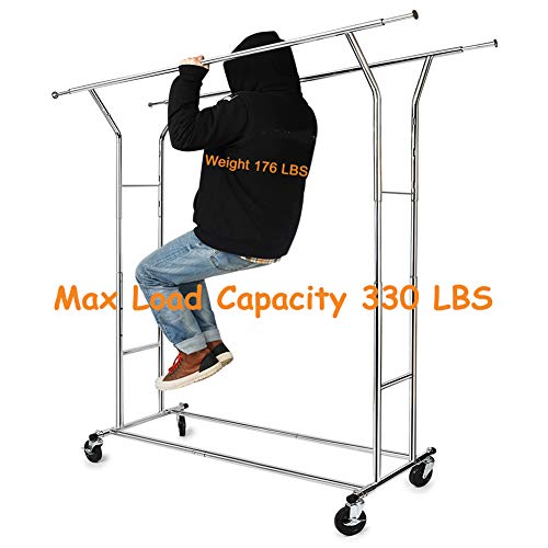 HOKEEPER 330 Lbs Load Capacity Commercial Grade Clothing Garment Racks Heavy Duty Double Rails Adjustable Collapsible Rolling Clothes Rack on Wheels Chrome Finish